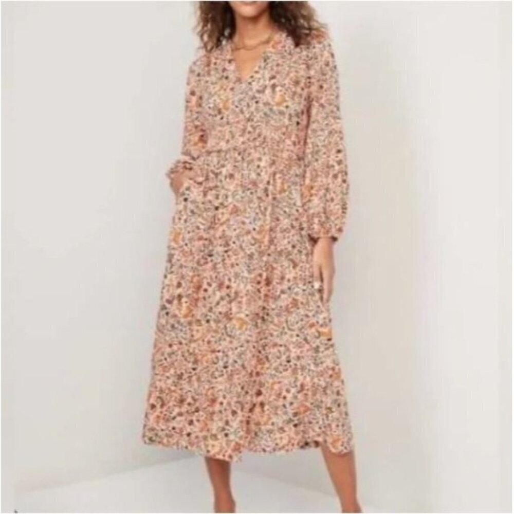 Old Navy Dress Womens XXL Orange Floral Smocked Midi Puffy Sleeve Cottagecore